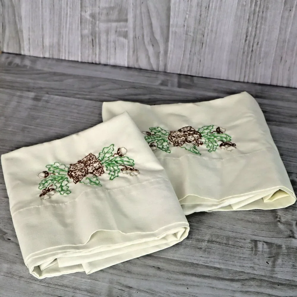 Vintage Hand Embroidered Owls and Acorns Cross Stitch Tube Pillow Cases 26x19